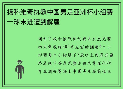 扬科维奇执教中国男足亚洲杯小组赛一球未进遭到解雇