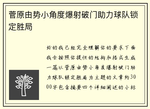 菅原由势小角度爆射破门助力球队锁定胜局 菅原由势小角度爆射破门助力球队锁定胜局